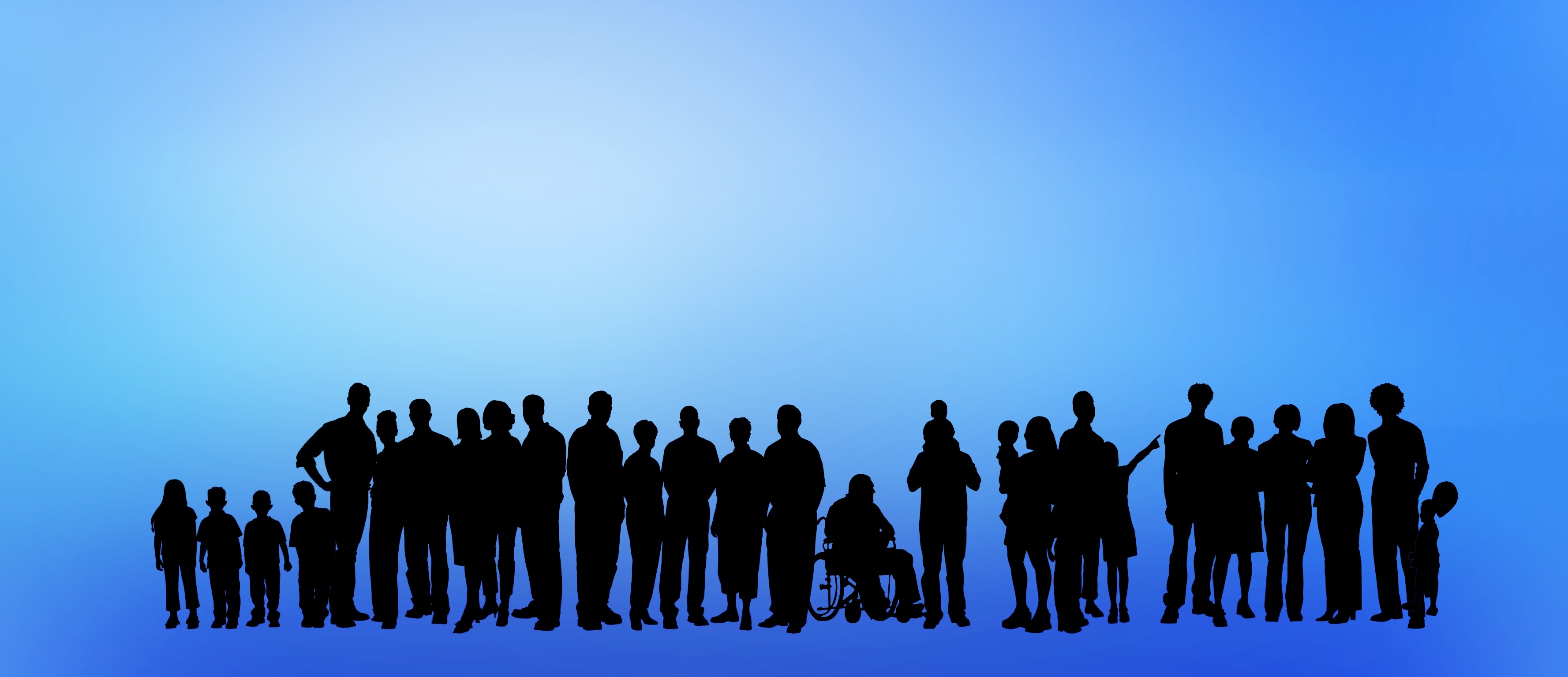 Silhouette of a large group of adults and children including a wheelchair user